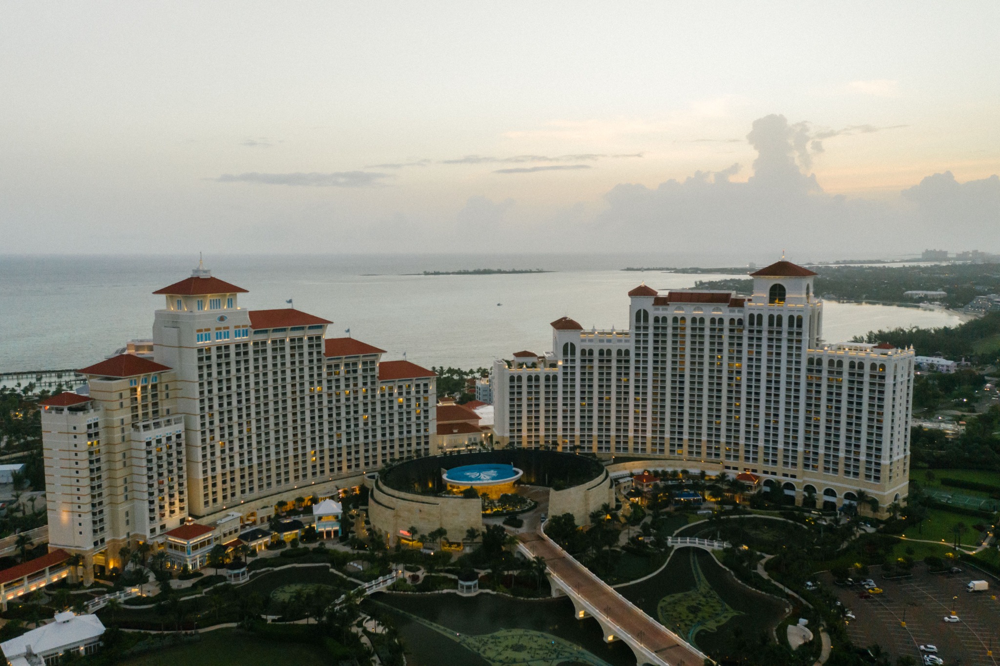 Aerial photograph of Baha Mar resort buildings beside the ocean in Nassau